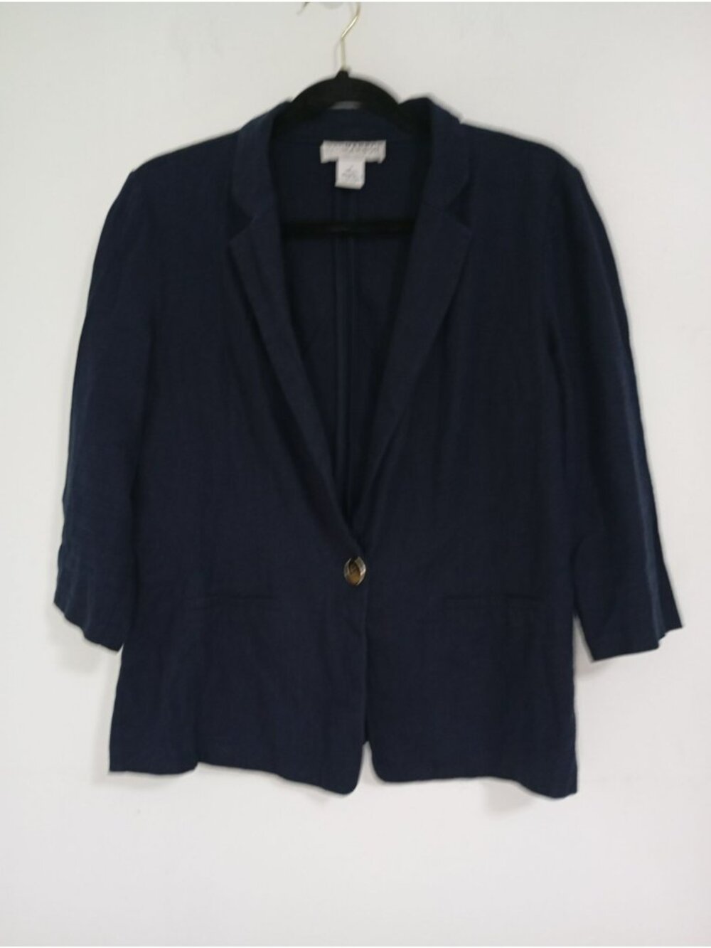 Sag Harbor Womens Navy Blue Linen Blend Blazer 3/4 Sleeves Size M